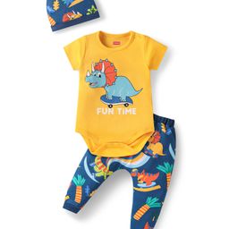 Babyhug 100% Cotton Knit Half Sleeves Onesie & Legging With Dino Print & Cap - Yellow & Navy Blue-image-93