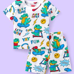 Babyhug Cotton Knit Half Sleeves Short Set with Dino Print - White-image-36