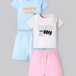 Bonfino 100% Cotton Knit Half Sleeves Shorts Night Suits with Text Print Pack of 2 - Light Blue & Pink-picture-17