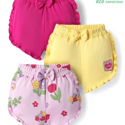 Babyoye 100% Cotton Interlock Knit Shorts with Eco Jiva Finish Floral Print & Bow Applique Pack of 3 - Dark Pink Yellow & Lavender-image-60