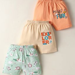 OHMS Single Jersey Knee Length Shorts With Animal & Text Print Pack Of 3 - Orange Tan & Sea Green-image-61