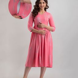 Step Queen Rayon Three Fourth Sleeves Leaves Foil Printed Maternity Dress With Nursing Access - Pink-image-6