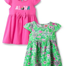Babyhug Single Jersey Knit Half Cap Sleeves Anti Bacterial Floral Printed Frock with Bow Applique Pack of 2 - Dark Pink & Green-image-48