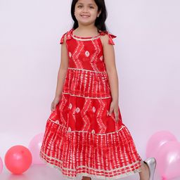 BownBee Cotton Sleeveless Tie Dye Gota Lace Embellished Dress - Red-image-101