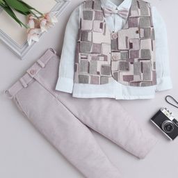 Fourfolds Full Sleeves Solid Shirt With Abstract Printed Waistcoat Trousers & Bow Set - Beige-image-41