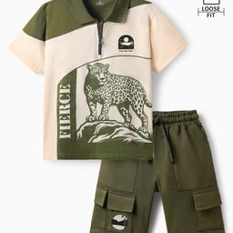 Ollington St. Cotton Knit Half Sleeves Polo T-Shirt & Shorts Set With Leopard Print - Olive Green-image-15