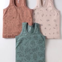 Zero Sinker Knit Sleeveless Set of Vests with Animal & Robot Print Pack of 3 - Teal Beige & Rust-1