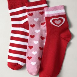 Pine Kids Knit Ankle Length Silvadur Antimicrobial Socks with Strips & Heart Design Pack of 3 - Red & Pink-image-74