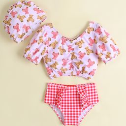 Babyhug Half Sleeves Two Piece Swimsuit With Animal Print - Red-image-88