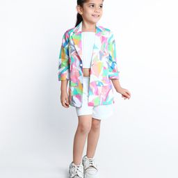 Ministitch Cotton Solid Top & Shorts With Three Fourth Sleeves Abstract Printed Jacket Set - White-image-19