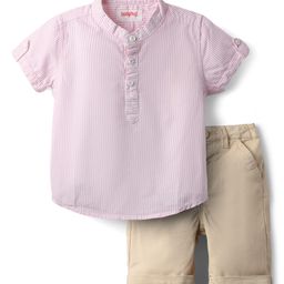 Babyhug Cotton Woven Half Sleeves Striped Kurta Shirt & Shorts Set - Pink & Beige-picture-4