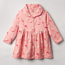 CUCUMBER Interlock Knit Full Sleeves Front Open Frock With Flamingo Print - Pink-picture-14