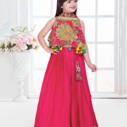 Tiny Kingdom Satin Woven Sleeveless Sequin Embellished Floral Embroidered Choli Lehenga With Dupatta - Pink-image-41