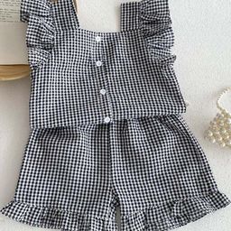 LULU & SKY Girls Checked Pure Cotton Top With Shorts-image-97