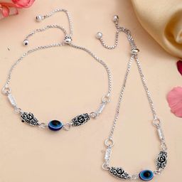 VOJ Silver-Plated Stainless Steel Flower And Evil Eye Beaded Anklet-46
