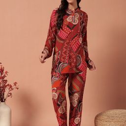 Plagg Printed Mandarin Collar Neck Top With Trousers Co-Ords-image-85