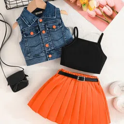 INCLUD Girls Sleeveless Denim Jacket With Pleated Skirt And Camisole Top-image-18