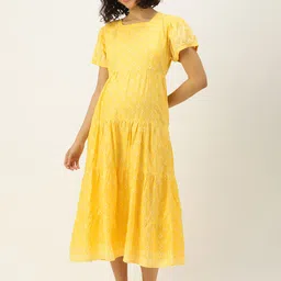Nejo Geometric Print Puff Sleeves Pure Cotton Maternity A-Line Midi Dress-image-29