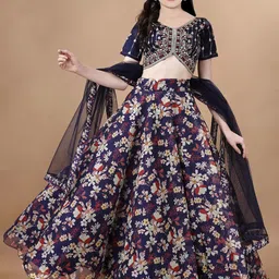 Piludi Girls Printed V-Neck Semi-Stitched Lehenga & Unstitched Blouse With Dupatta-picture-2