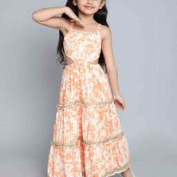taffykids Girls abstract printed lace detail back tie up tiered Dress-picture-8