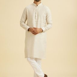 Manyavar Woven Design Mandarin Collar Straight Linen Kurta-image-3
