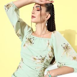 KASSUALLY Women Gorgeous Green Floral Volume Play Dress-image-5