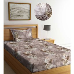 Arrabi Brown Floral TC Cotton Blend Single Size Fitted Bedsheet with 1 Pillow Cover - Multicolour-image-84