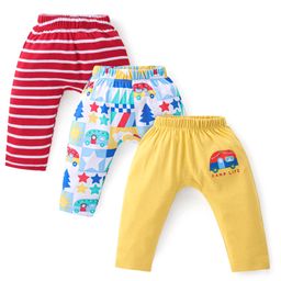 Babyhug Cotton Interlock  Knit Full Length Diaper Pants Stripes & Car Print Pack of 3 - Red Yellow & Blue-image-99