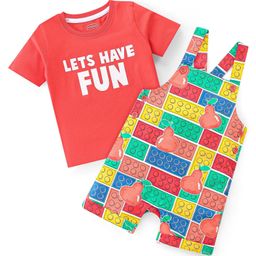 Babyhug Single Jersey Knit  Pear & Blocks Print Dungaree & Half Sleeves T-Shirt Text Print  - Multicolour-image-86