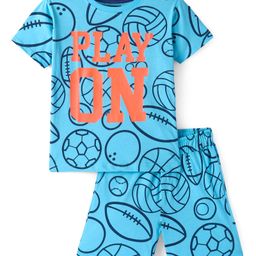 Pine Kids Single Jersey Knit Half Sleeves Text & Ball Printed Night Suit - Light Blue-image-52