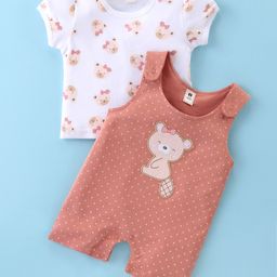 ToffyHouse Cotton Knit Dungaree Style Romper with Half Sleeves T-Shirt Polka Dots & Teddy Bear Print & Applique  - Peach-image-9