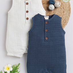 Cot & Candy Sleeveless Round Neck Solid Muslin Romper  -Milk and Navy-image-111
