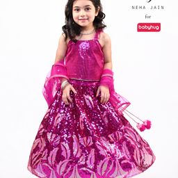 Babyhug Sleeveless Sequined Embroidered Choli & Lehenga Set with Frilled Dupatta - Fuschia-image-35