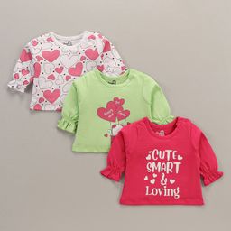 Doodle Poodle 100% Cotton Single Jersey Knit Full Sleeves Top Heart Print Pack of 3 - Green Pink & Bright White-image-93
