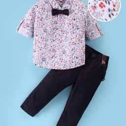 Mark & Mia Full Sleeves Floral Printed Shirt & Trouser Set with Bow & Suspender - White & Black-image-49