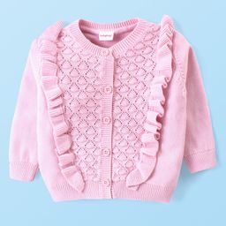 Babyhug Knitted Full Sleeves Front OpenSweater with Cable Knit Design - Pink-image-102