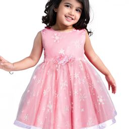 Babyhug Woven Sleeveless Fit & Flared Party Frock with Snowflake Foil Print- Light Red-picture-0