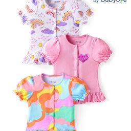 Babyoye Cotton Knit Half Sleeves Jhablas With Sky Print Pack of 3 - Pink & Light Purple-picture-21