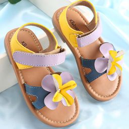 Babyoye Sandals with Velcro Closure & Floral Applique - Blue & Yellow-image-67