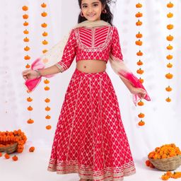 MASTARANG Three Fourth Sleeves Lace Embellished & Ethnic Foil Printed Lehenga Choli With Dupatta Set - Fuchsia-image-62