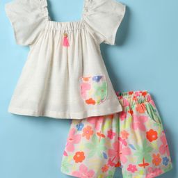 Tweetoons Woven Half Sleeves Top & Shorts Set With Floral Print - White-image-62
