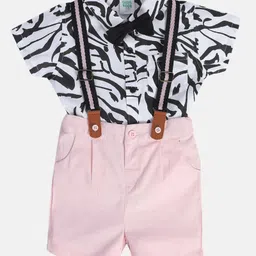 MINI KLUB Cotton Half Sleeves Abstract Printed Shirt With Shorts Suspender & Bow Set - Pink & White-picture-6