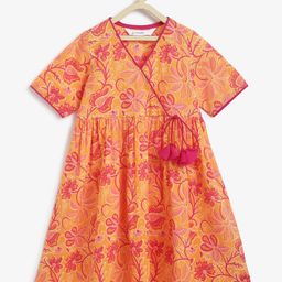 Campana 100% Cotton Half Sleeves Seamless Floral Printed Angrakha Style Kurta - Orange & Magenta-image-74