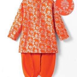 EARTHY TOUCH Single Jersey Knit Full Sleeves Kurta Dhoti Set With Foil Floral Print - Orange-image-31