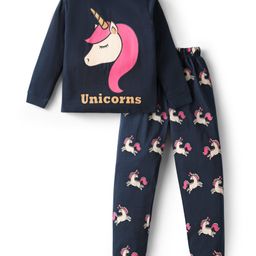 Unicorns Cotton Woven Full Sleeves Unicorn Printed Coordinating Night Suit Set - Navy Blue-image-16