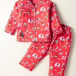 Enfance Core Cotton Woven Full Sleeves Animals Printed Coordinating Night Suit Set - Dark Peach-image-81