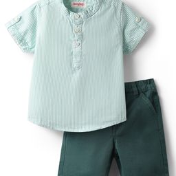 Babyhug Cotton Woven Half Sleeves Mandarin Collar Striped Shirt & Shorts Set - Green-picture-41