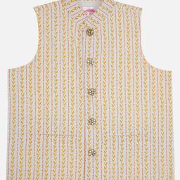 Little Bansi Cotton Woven Sleeveless Swirl Leaves Printed Nehru Jacket - Cream-image-87