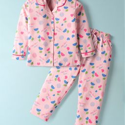 Doreme Single Jersey Knit Full Sleeves Front Open Co-Ords Night Suit With Floral Print - Pink-picture-26