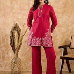 SAHASIKA Floral Self Design Mandarin Collar Three-Quarter Sleeves Top & Trouser-11